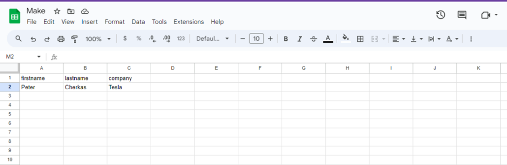 Step 16: After you save the scenario, come back to Google spreadsheet to add a new row with relevant information as a sample.