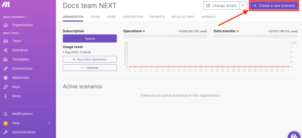 Step 2: Go to your organization dashboard and click on “Create a new scenario”. You can also go to Scenarios > Create a new scenario from the side bar.