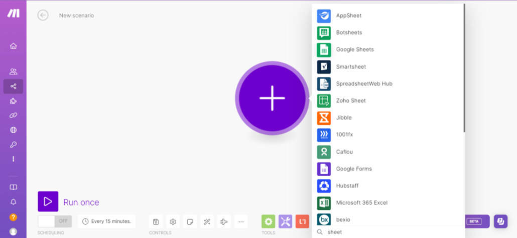 Step 3: Find and select Google Sheets module.