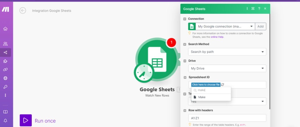 Step 7:  Select your created Google spreadsheet from the dropdown.