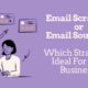 Vector image of a woman looking into her laptop with another man on the top in a box looking at reviews. The text written - email sourcing or email scraping? Which strategy is ideal for your business?