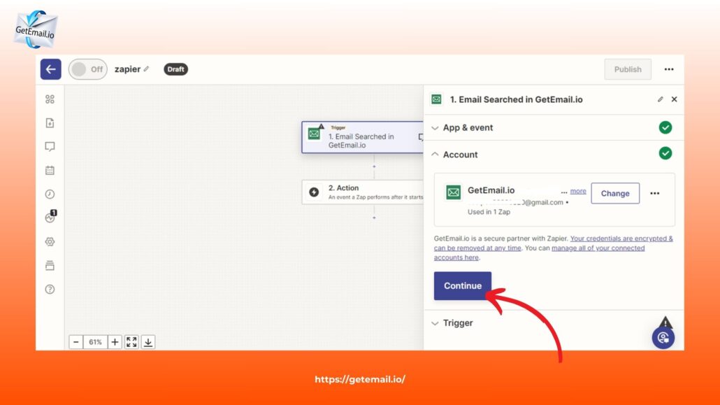 Check your GetEmail.io account selected and click the Continue button