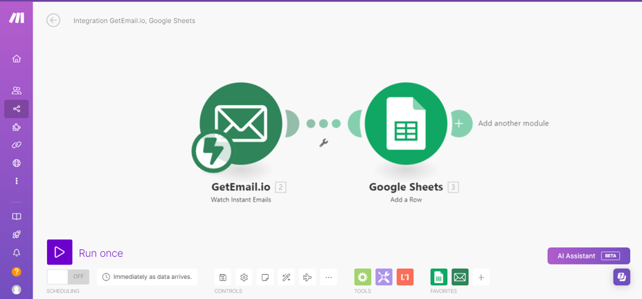 Step 11: Save the scenario. You can begin searching email contacts from the selected GetEmail.io’s source i.e, website, Gmail extension, LinkedIn extension, etc. Once you're done choosing the source, click “Run once” to start the task.