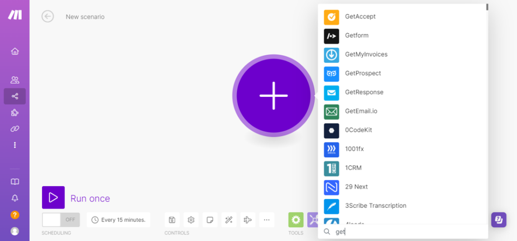 Scenario > Select create a new scenario > Click “+” > Find & select “GetEmail.io”
