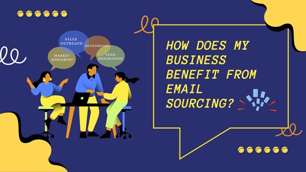 Vector image of 3 people sitting on a table and discussing about "how does my business benefit from email sourcing?".