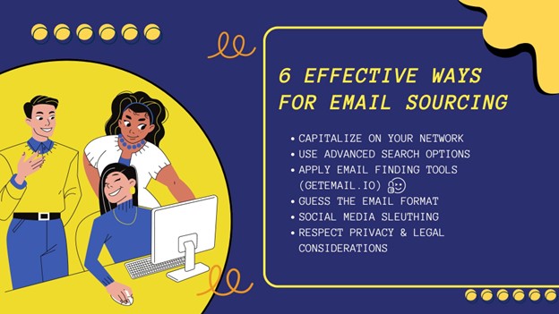 Vector image of a girl sitting infront of the computer while two colleagues behind her also seeing the screen. The text written beside this image is "6 effective ways of email sourcing"