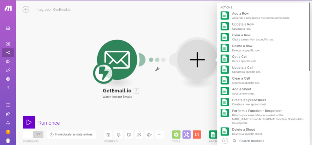 Step 7: Search for Google sheets in the search field, then click on it to choose “Add a Row” action. Although, you are free to choose any other actions from the dropdown as well.