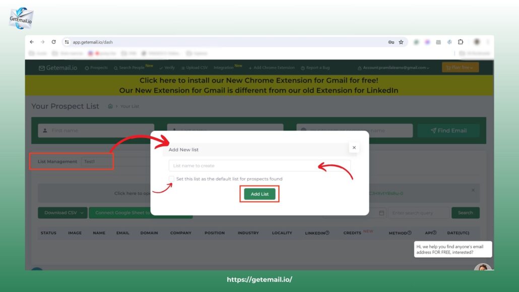 Add list in GetEmail.io Dashboard