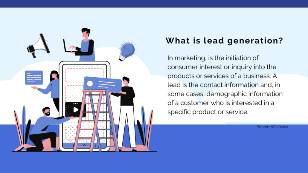 What is lead generation? It is the initiation of consumer interest and inquiry into the products or services of the business. A lead is a contact information and, in some cases, demographic information of cusotmers.